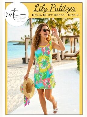 Lilly Pulitzer Delia Shift Dress Size 2 Shorely Blue Big Flirt Floral Cotton